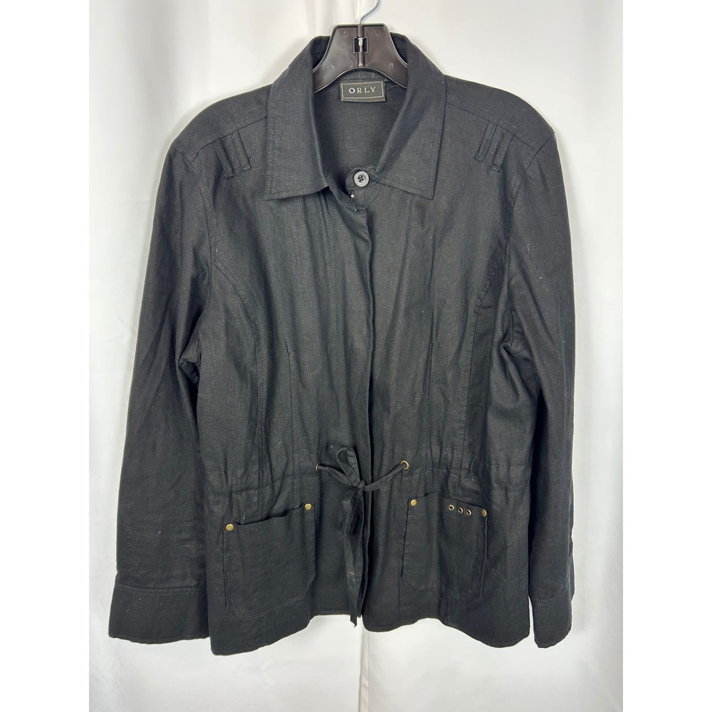 ORLY Black Ramie Blend Utility Jacket Drawstring Waist Military‎ Style Size 12